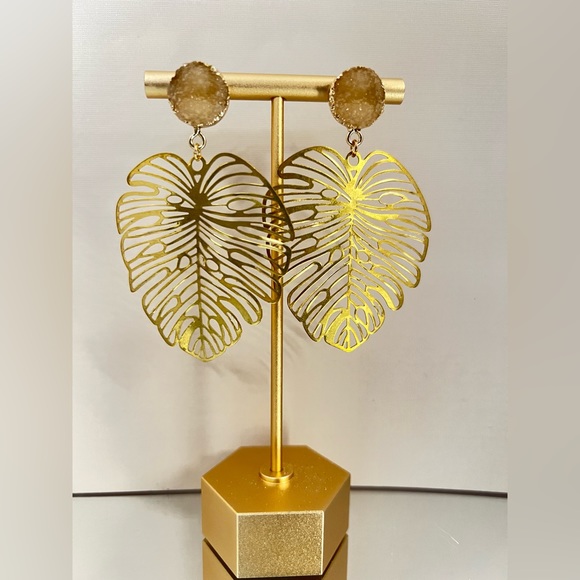 Elegant Gold Monstera Leaf Dangle Earrings - Trendy Boho Chic Leaf Earrings - Picture 7 of 16
